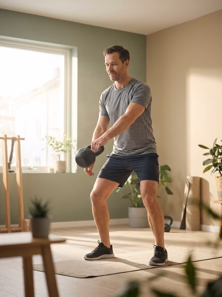 A man doing a calm kettlebell strength session in a sage-toned room.