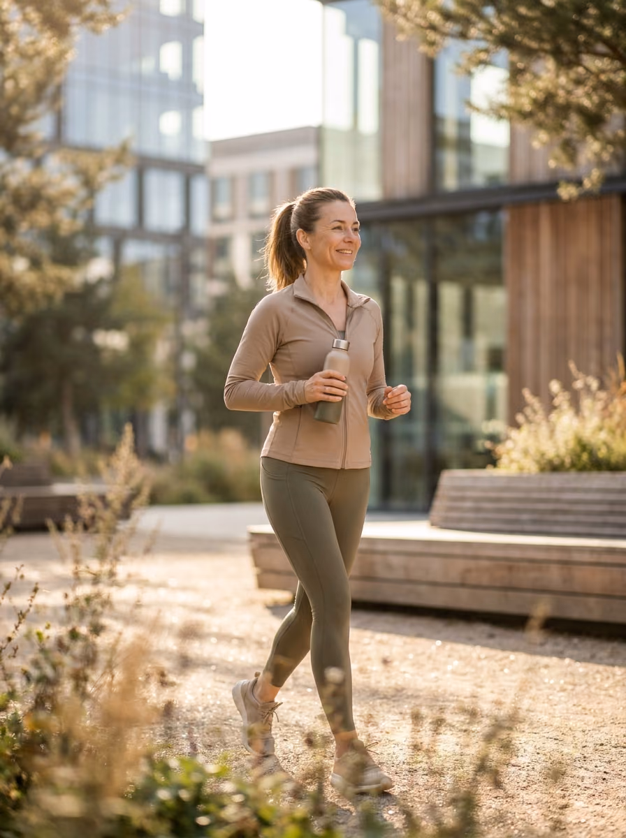 A woman walking briskly outdoors on a bright morning.